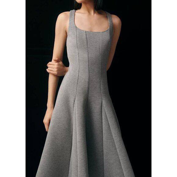 Du Paradis Anthropologie Grey Full Skirt Neoprene Midi Dress L - Picture 2 of 4